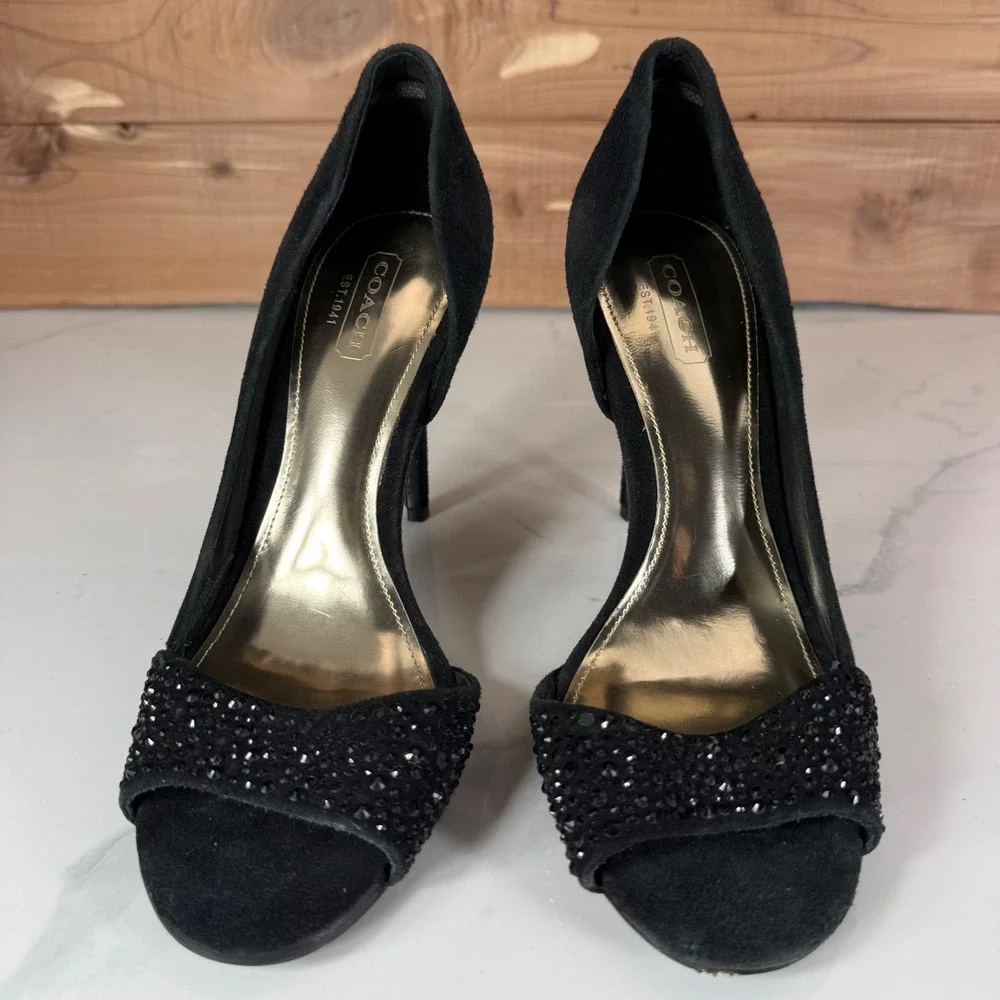 Coach Black Suede Rhinestone Peep Toe Pumps d'Orsay Stiletto Heels‎ Womens 6B